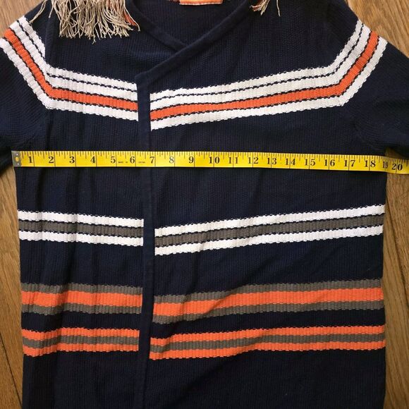 Vilagallo Navy Blue Multicolor Stripe Open Front Cardigan Fringe Shoulder S/M - Picture 13 of 16